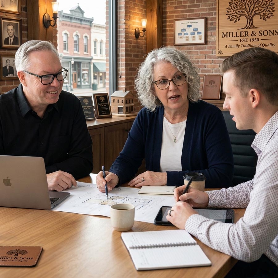 Family business owners in a working session — Miller & Sons, Est. 1950