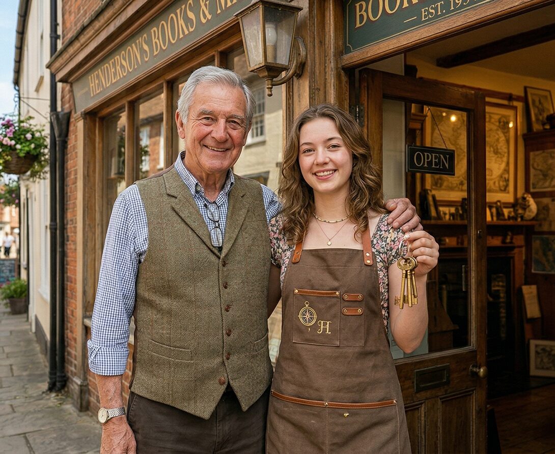 Grandfather and granddaughter sharing a moment in their family bookstore